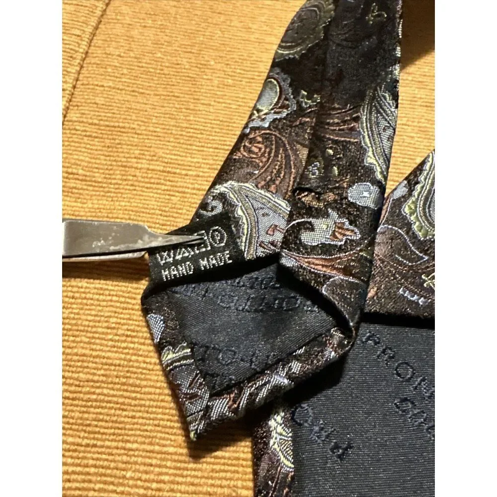 PRONTO UOMO Mens Classic Tie 100% Brown Tone Silk‎ Paisley Hand Made Necktie